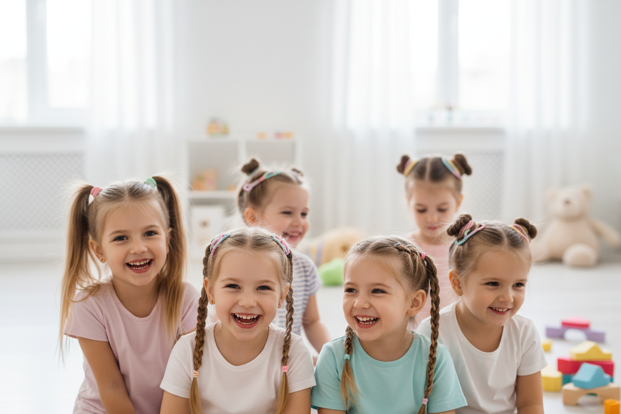 Create a joyful, ultra-realistic photo showing several young girls (ages 3–7) wearing the colorful hair elastics shown in the attached product photo.
Each girl should have different hairstyles using the elastic bands: ponytails, braids, pigtails, small buns, and mini sections decorated with the pastel elastics.
The scene should feel happy, playful, and natural: the girls are smiling, laughing, and having fun together.
Place them in a bright, clean, modern children’s playroom or outdoors in soft daylight (yo