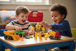Create an ultra-realistic photo of two young boys (ages 4–8) happily playing together with the same construction robot and construction vehicles shown in the reference image.

Keep the exact toy models, colors, and details from the product photo: the yellow transforming robot, the construction trucks, the loader vehicles, the mixer, the mini cars, and the toolbox/bin in the background.

Place the two boys around a kids’ table, smiling, excited, and interacting naturally with the toys — one child moving a co